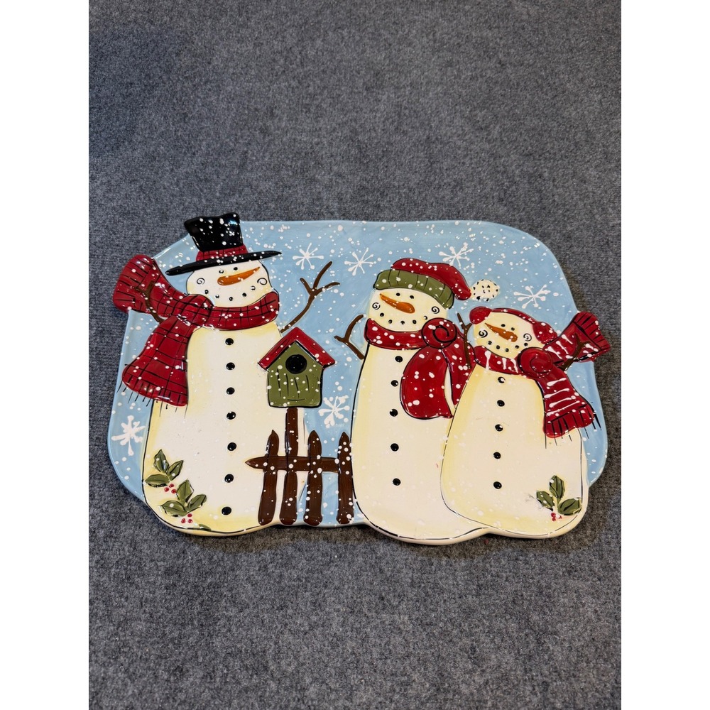 Snowman Family Ceramic Christmas Serving Platter Holiday Cookie Tray Blue Red